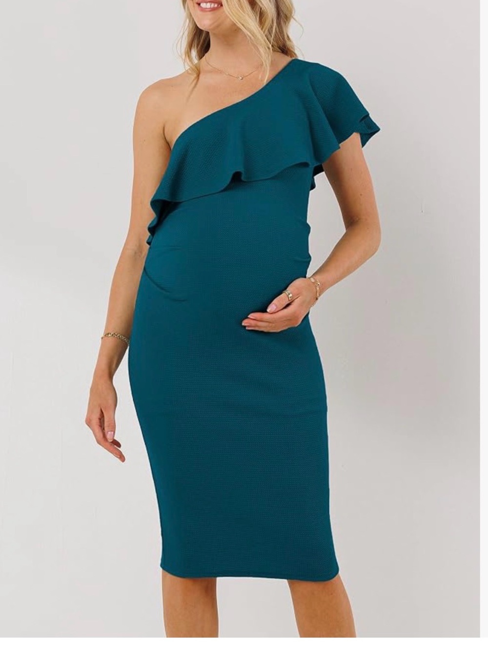 BLUE One-Shoulder Maternity Dress (images look more teal -scroll for true color)